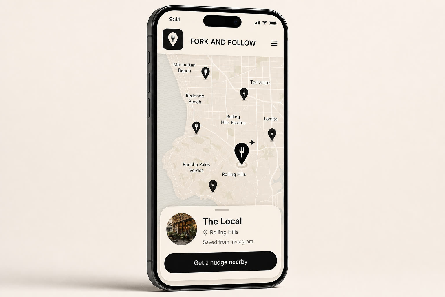 Fork and Follow on a phone: saved restaurants on a map, with a nudge when you are nearby